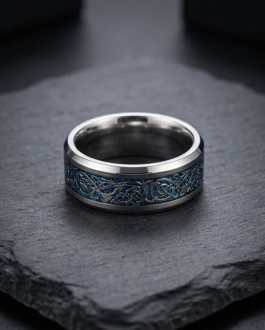 Azure Sentinel: Silver Celtic Dragon Blue Ring