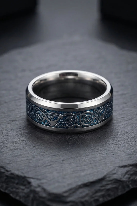 Azure Sentinel: Silver Celtic Dragon Blue Ring