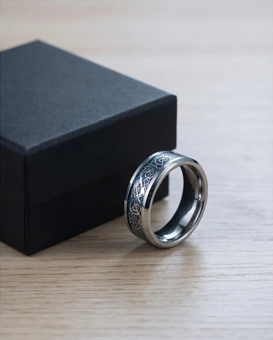 Azure Sentinel: Silver Celtic Dragon Blue Ring