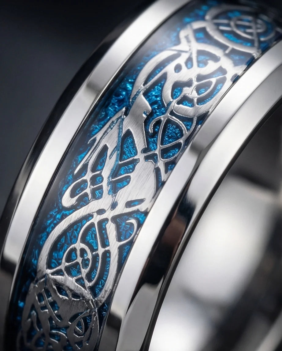Azure Sentinel: Silver Celtic Dragon Blue Ring