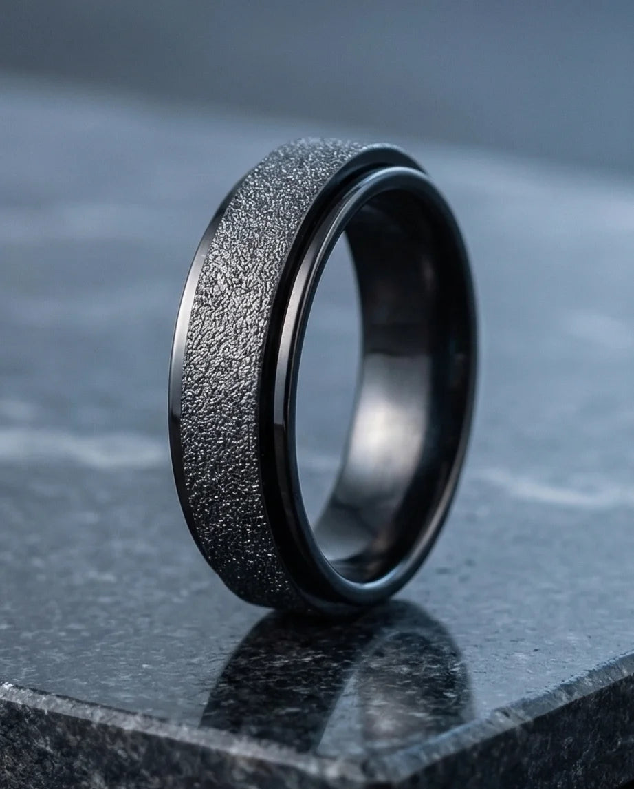 The Obsidian Void: Sandblasted Black Spinner Band