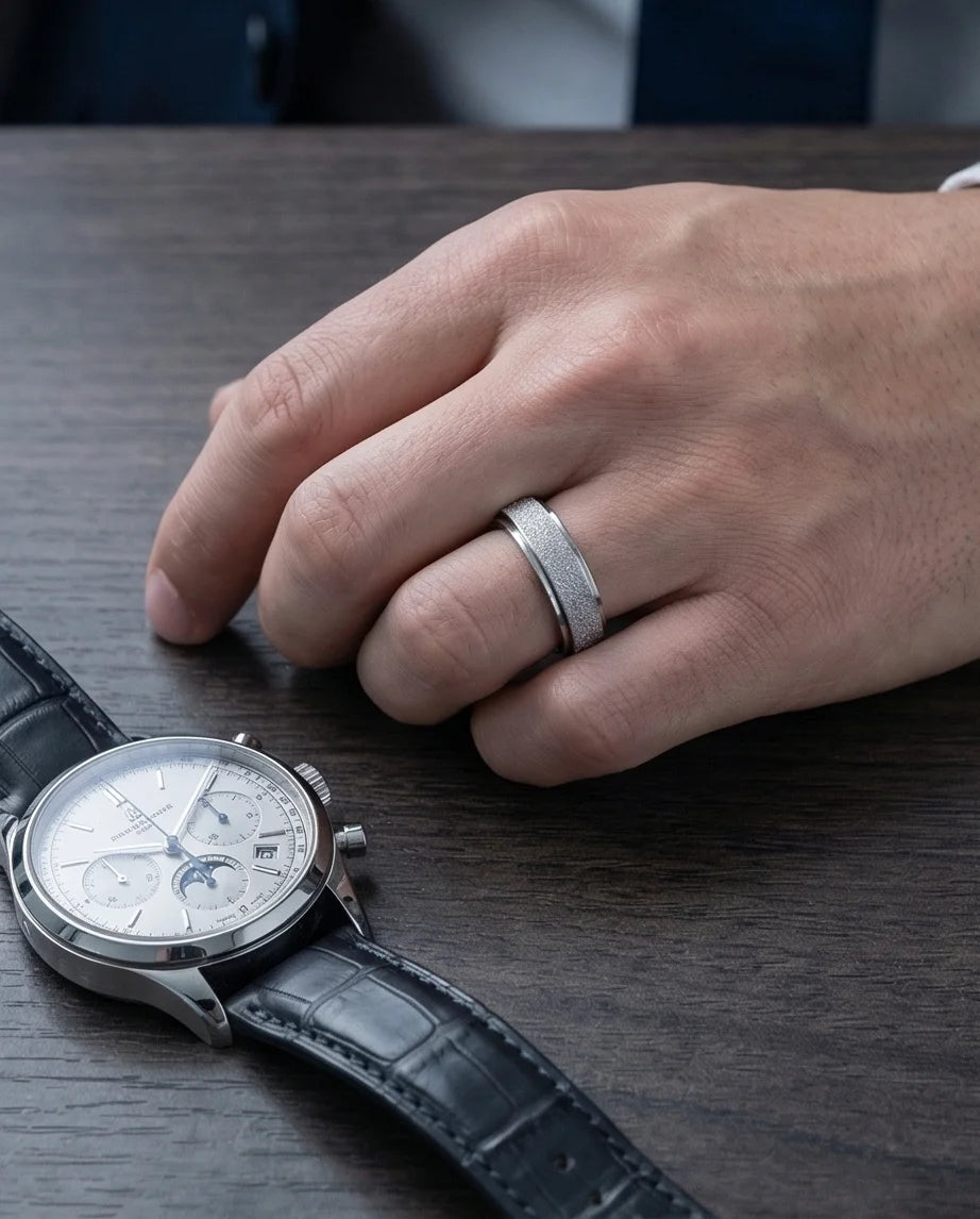 The Stardust Sentinel: Frosted Silver Spinner Band