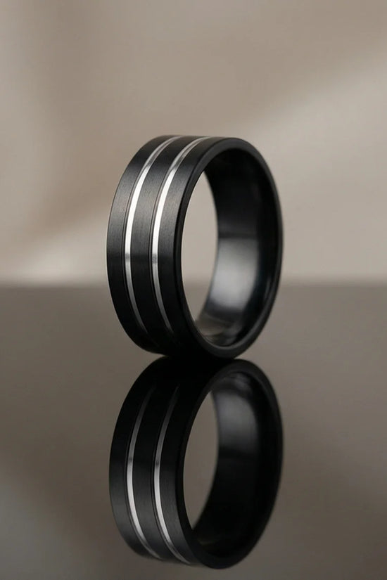 The Dual Meridian: Matte Black & Silver Inlay Band