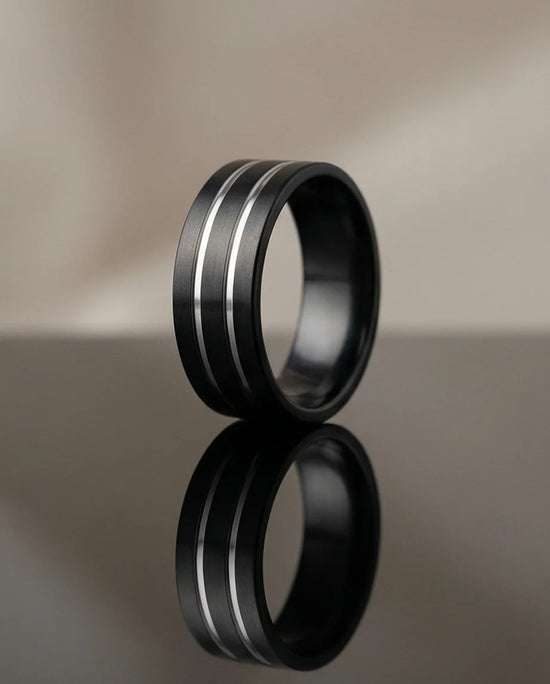 The Dual Meridian: Matte Black & Silver Inlay Band