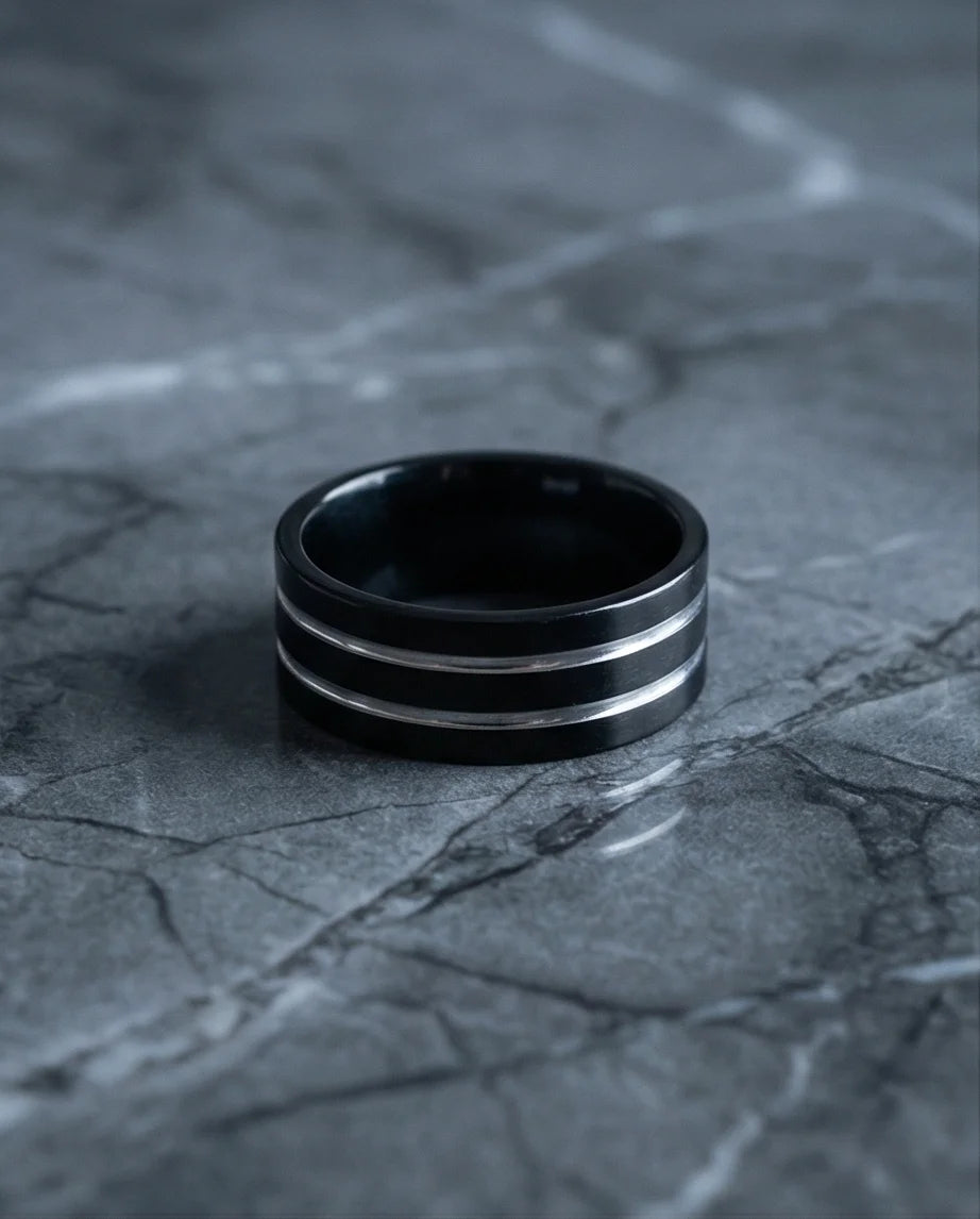 The Dual Meridian: Matte Black & Silver Inlay Band