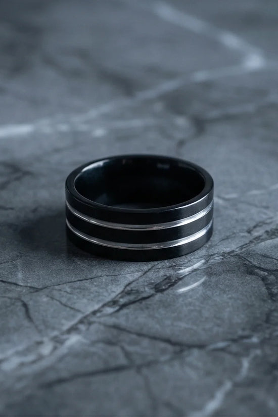 The Dual Meridian: Matte Black & Silver Inlay Band