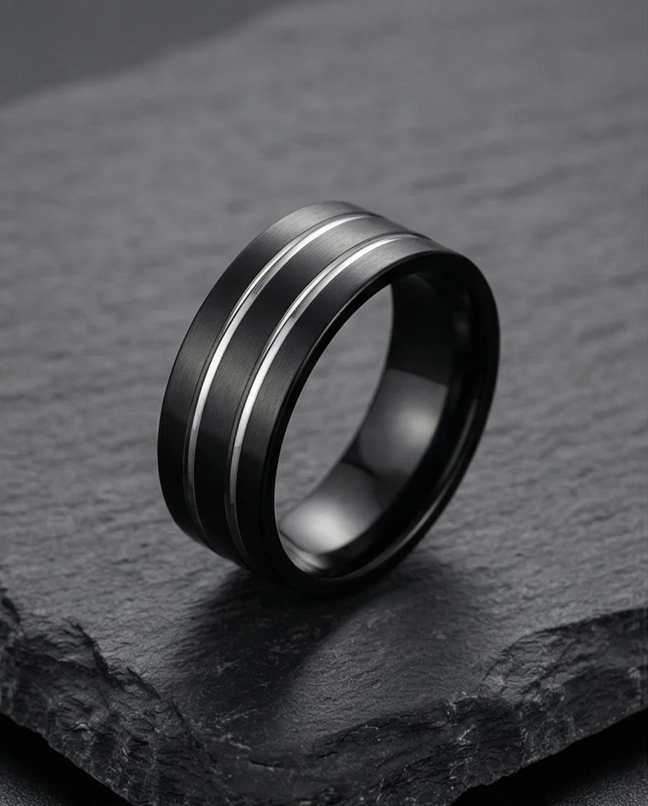 The Dual Meridian: Matte Black & Silver Inlay Band