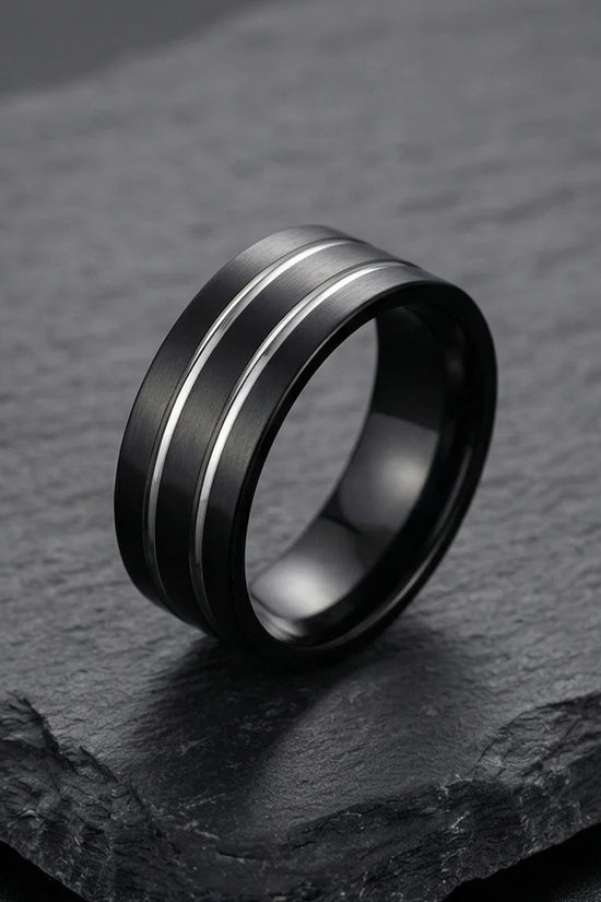 The Dual Meridian: Matte Black & Silver Inlay Band