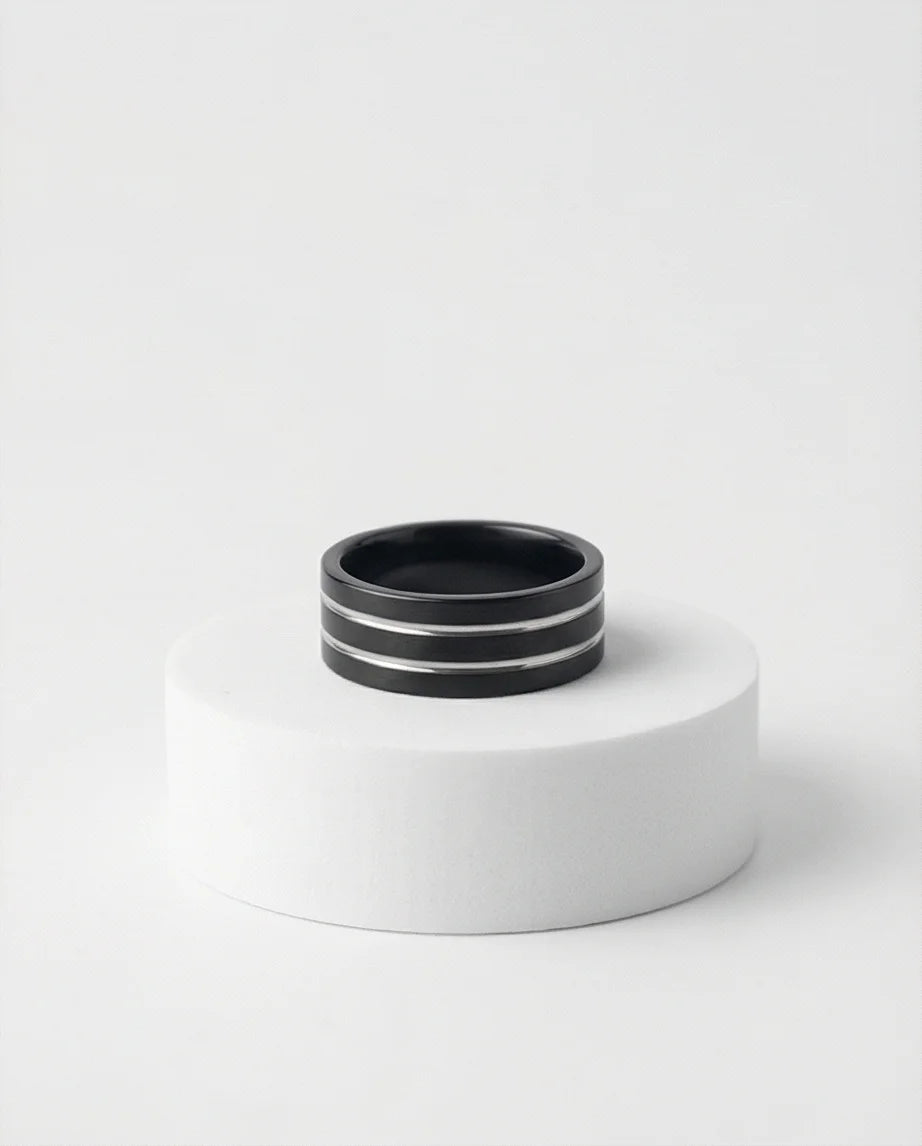 The Dual Meridian: Matte Black & Silver Inlay Band