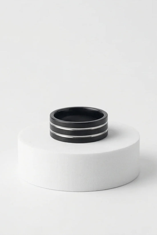 The Dual Meridian: Matte Black & Silver Inlay Band