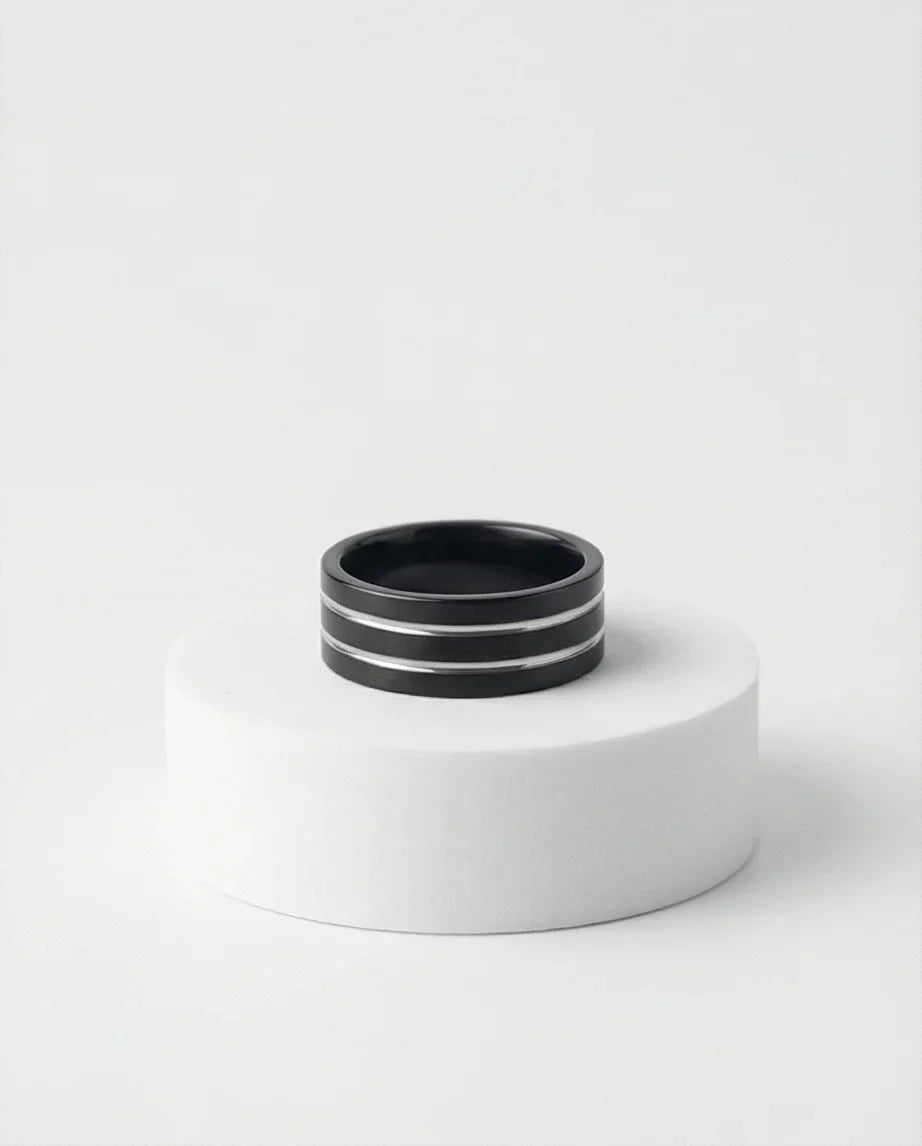 The Dual Meridian: Matte Black & Silver Inlay Band