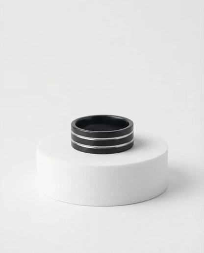 The Dual Meridian: Matte Black & Silver Inlay Band