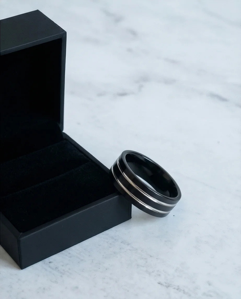 The Dual Meridian: Matte Black & Silver Inlay Band