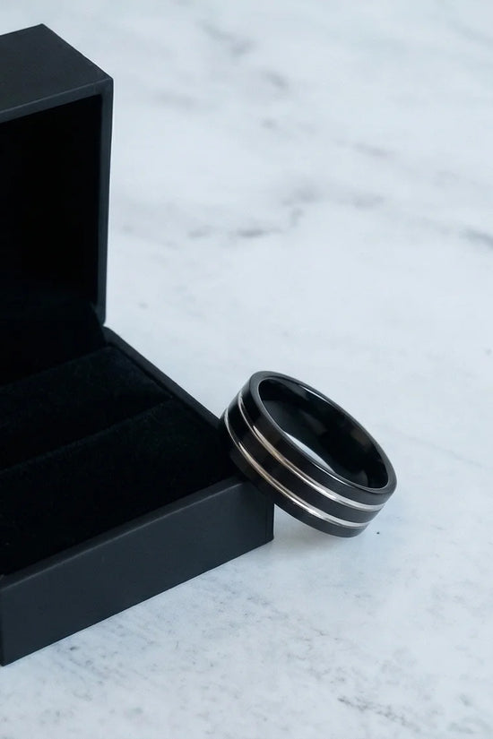 The Dual Meridian: Matte Black & Silver Inlay Band
