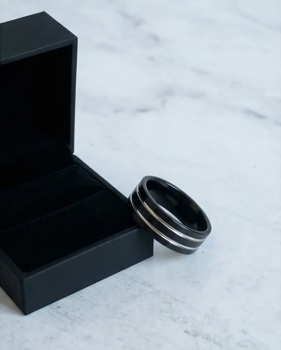 The Dual Meridian: Matte Black & Silver Inlay Band