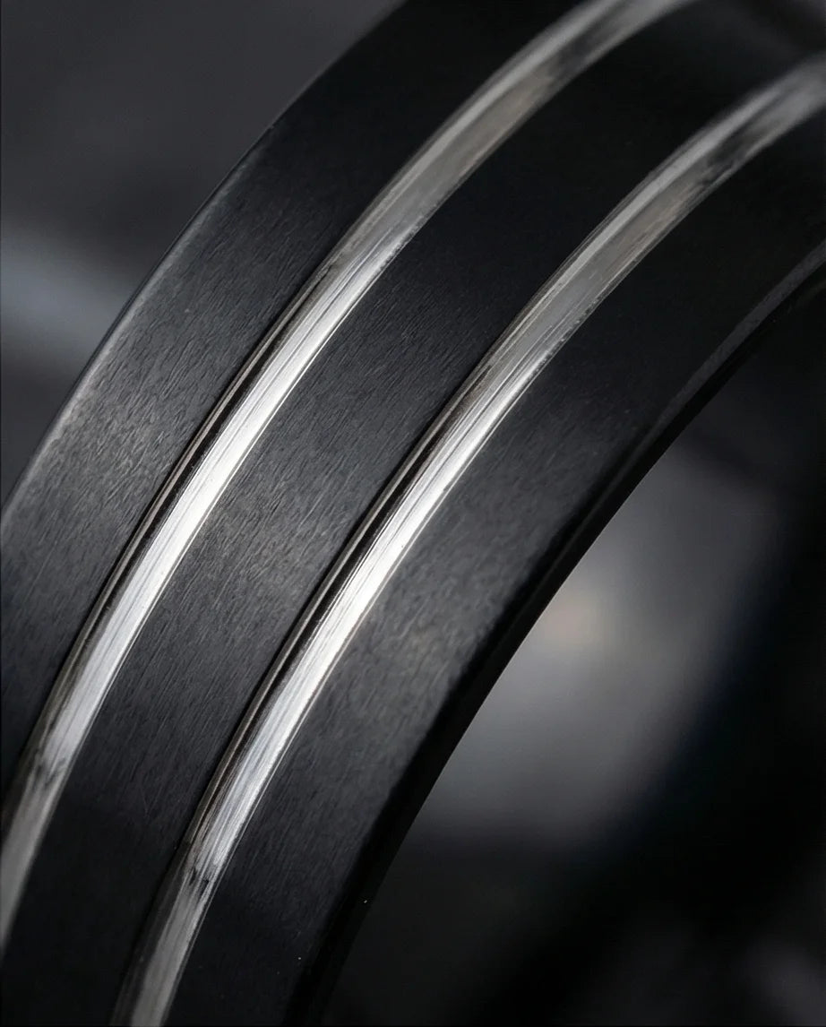 The Dual Meridian: Matte Black & Silver Inlay Band
