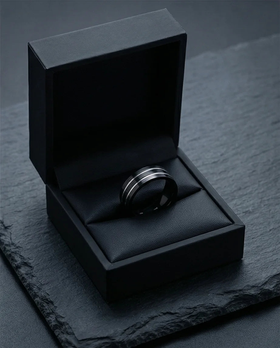 The Dual Meridian: Matte Black & Silver Inlay Band