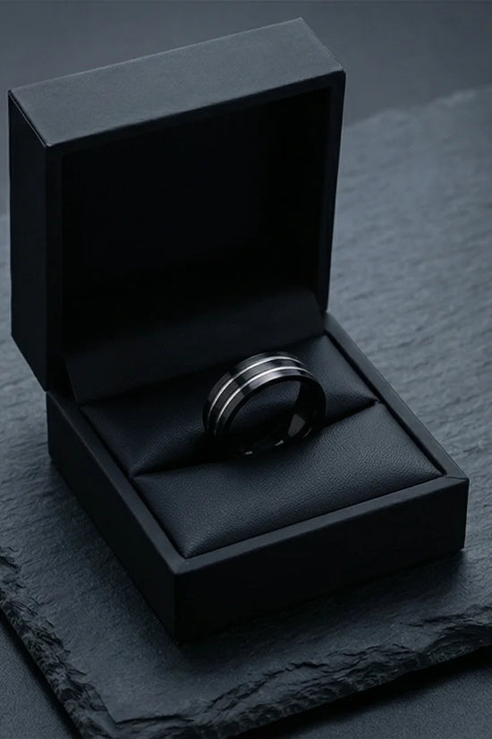 The Dual Meridian: Matte Black & Silver Inlay Band