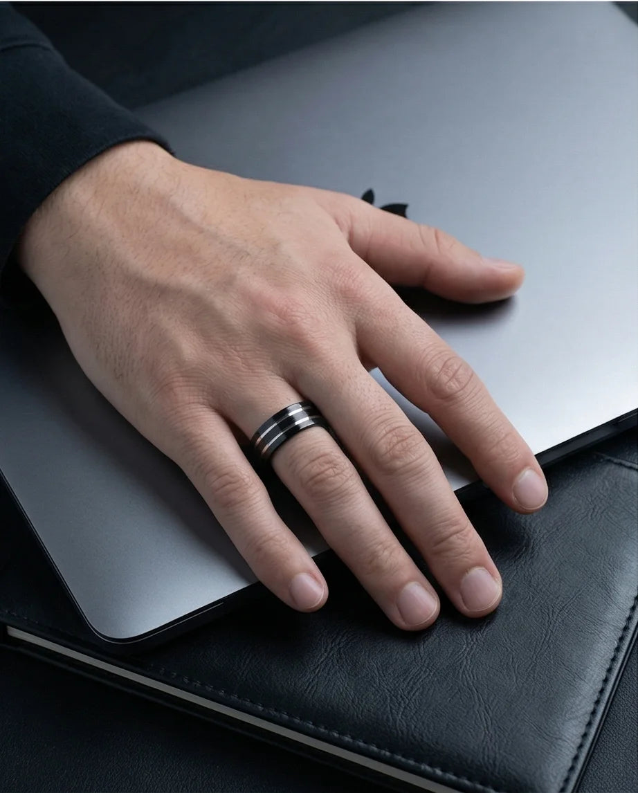 The Dual Meridian: Matte Black & Silver Inlay Band