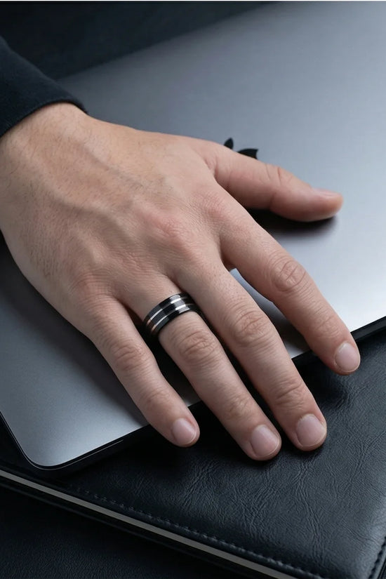 The Dual Meridian: Matte Black & Silver Inlay Band