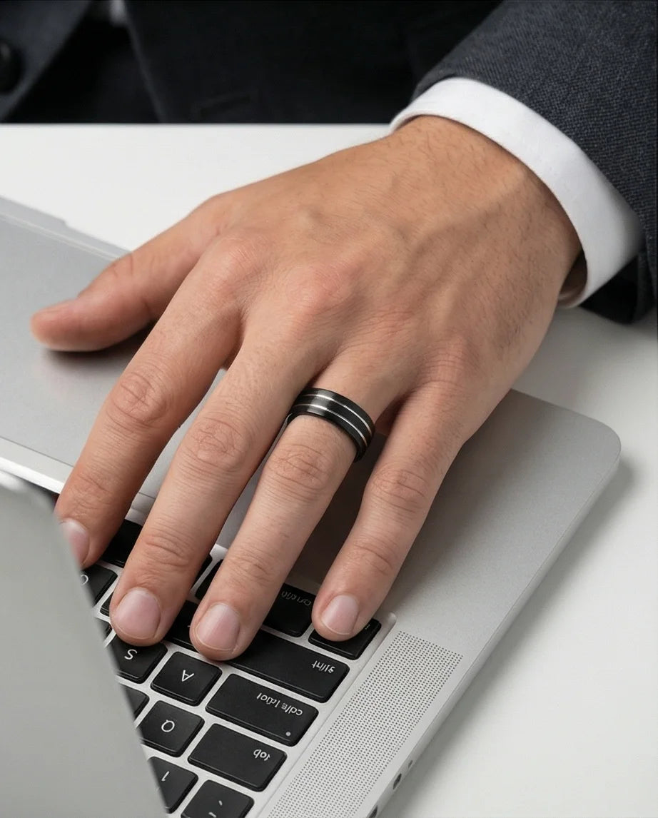 The Dual Meridian: Matte Black & Silver Inlay Band