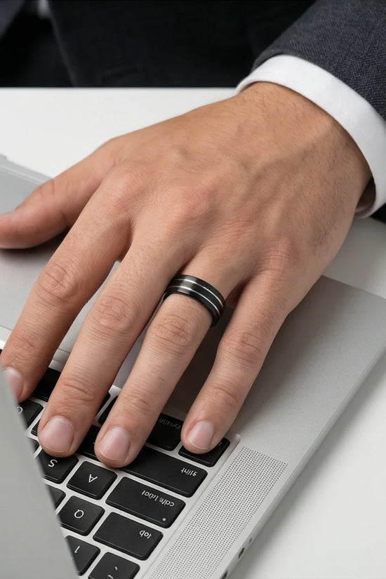 The Dual Meridian: Matte Black & Silver Inlay Band
