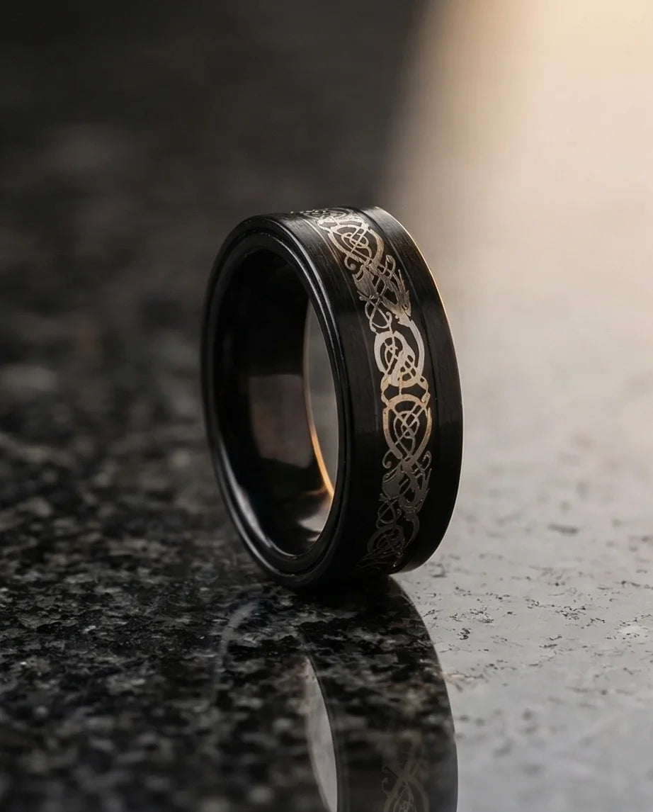 The Nordic Dragon: Matte Black Celtic Spinner Band