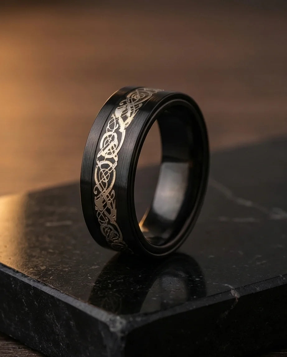 The Nordic Dragon: Matte Black Celtic Spinner Band