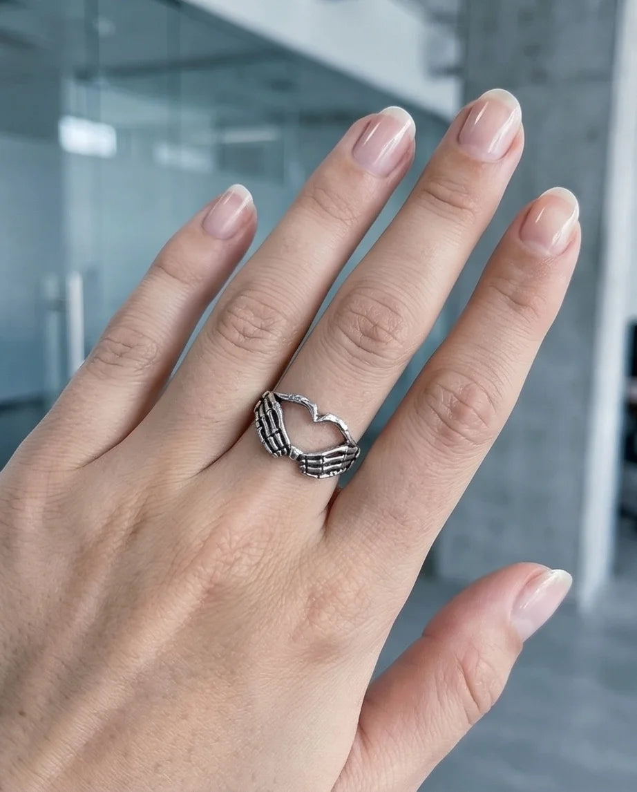Eternal Embrace: Skeleton Heart Hands Ring