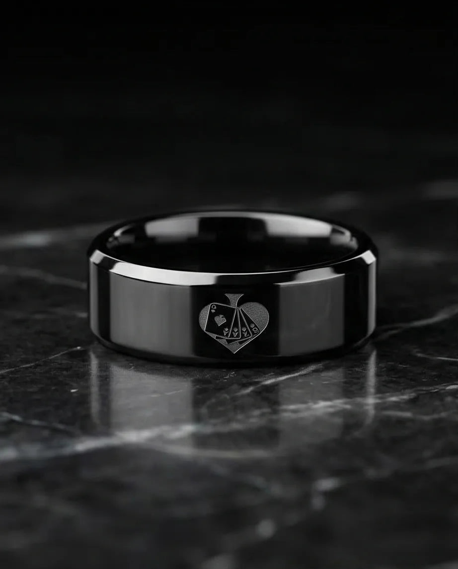 Midnight Flush: Polished Black Ace Ring