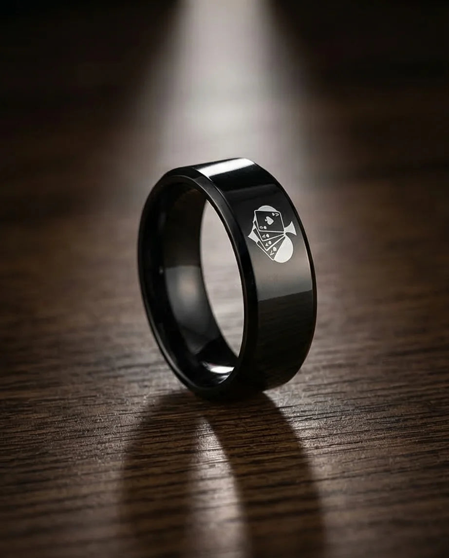 Midnight Flush: Polished Black Ace Ring