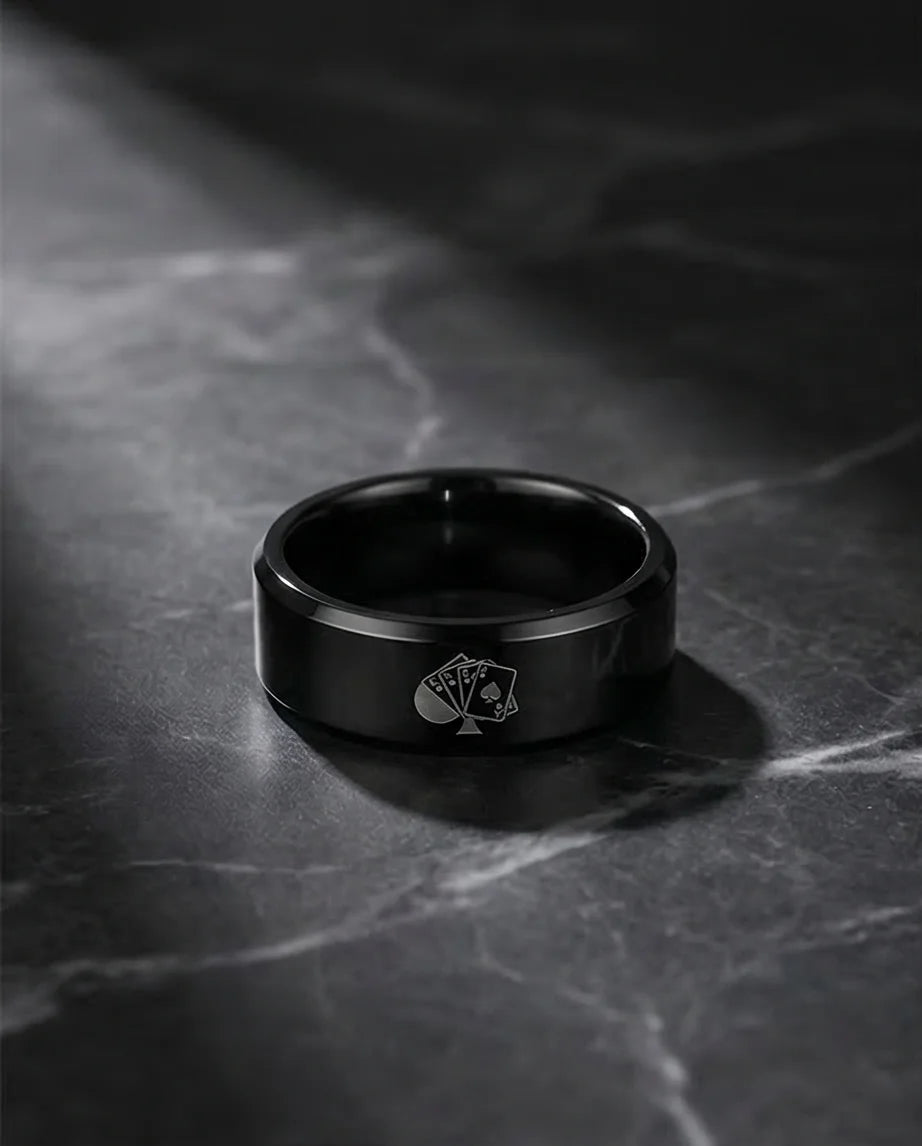 Midnight Flush: Polished Black Ace Ring