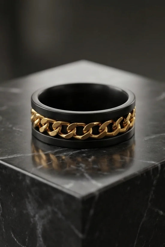 The Gilded Shadow: Black & Gold Curb Chain Ring