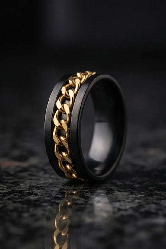 The Gilded Shadow: Black & Gold Curb Chain Ring