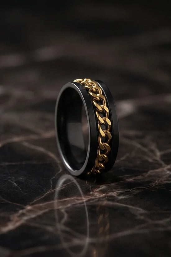 The Gilded Shadow: Black & Gold Curb Chain Ring