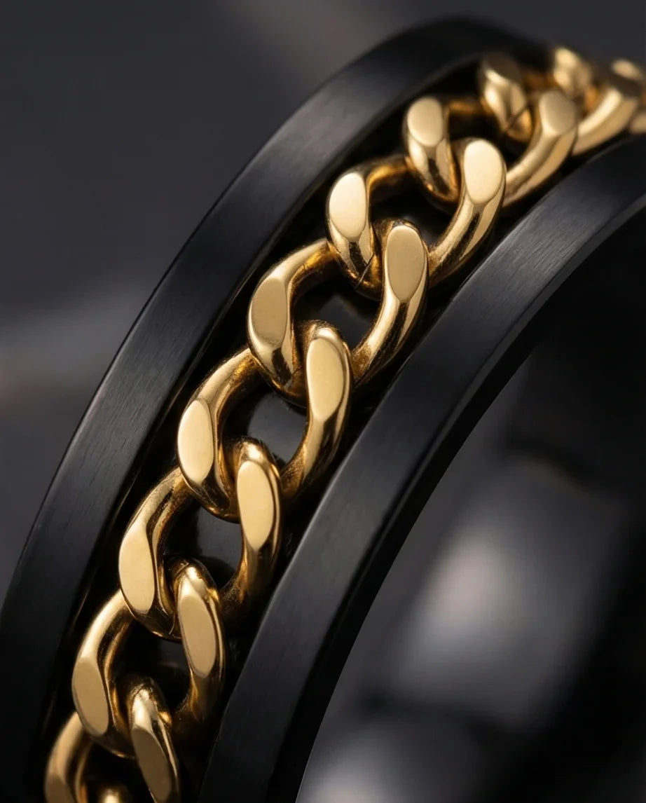 The Gilded Shadow: Black & Gold Curb Chain Ring