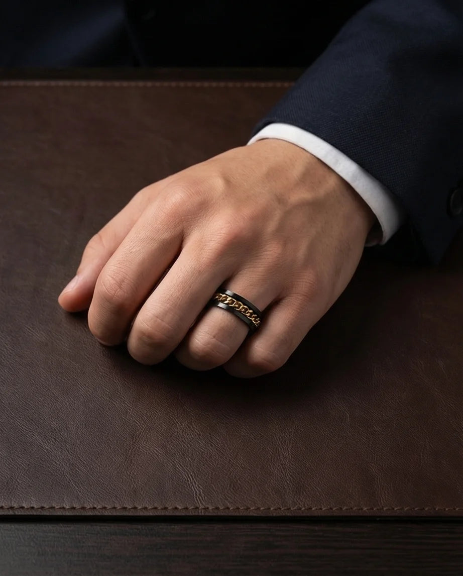 The Gilded Shadow: Black & Gold Curb Chain Ring