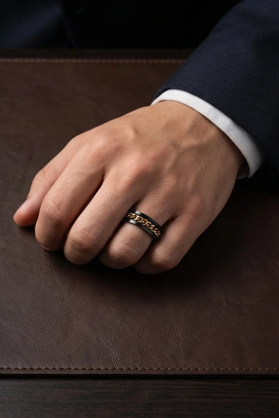 The Gilded Shadow: Black & Gold Curb Chain Ring