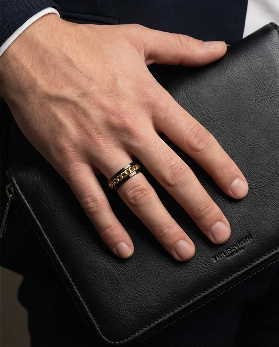 The Gilded Shadow: Black & Gold Curb Chain Ring