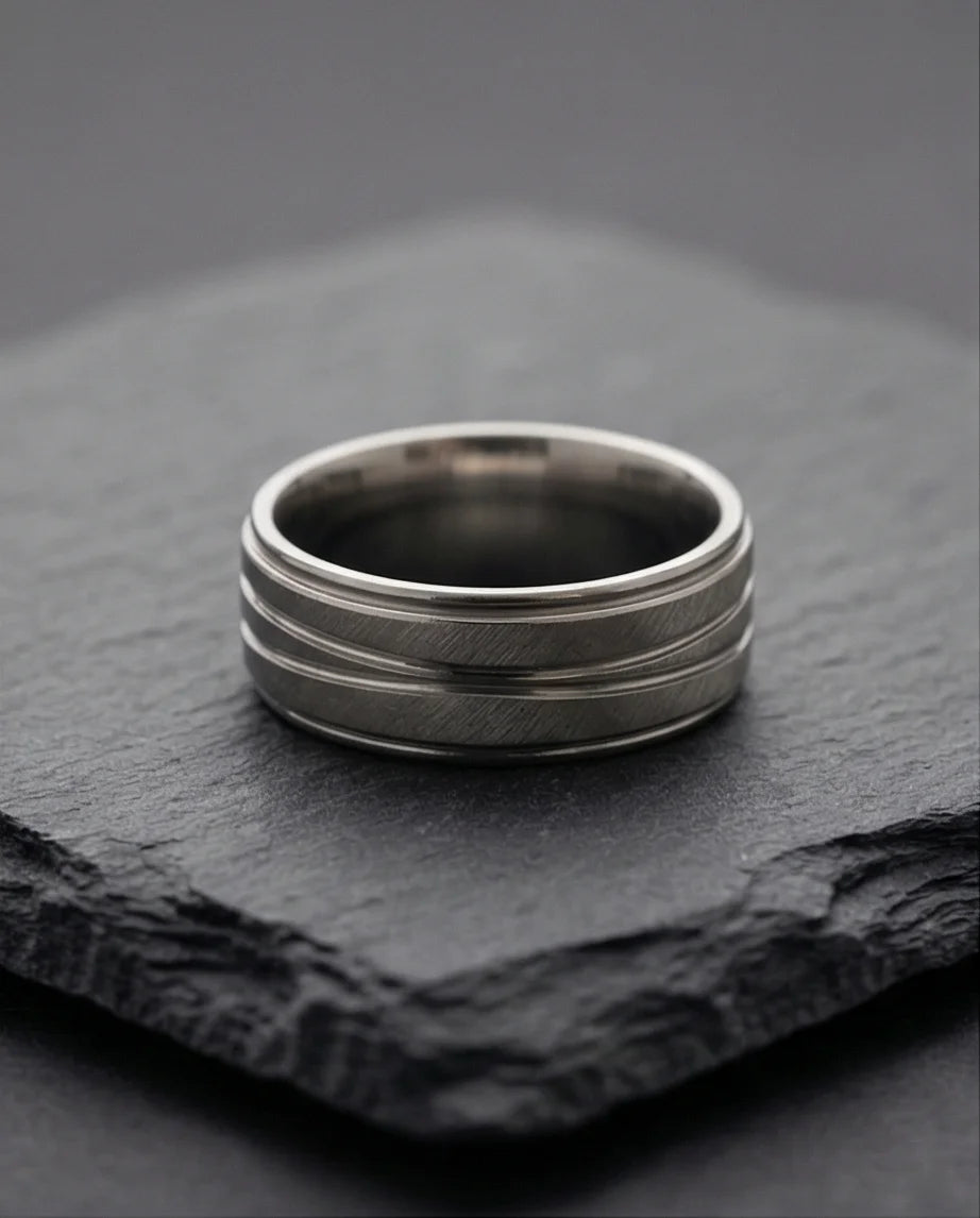 Titanium Horizon: Grooved Matte Statement Ring