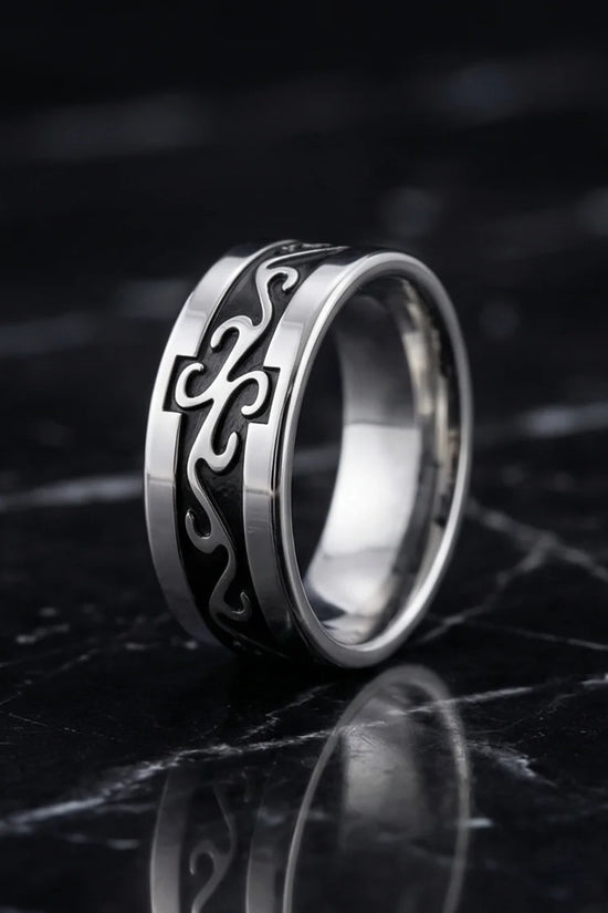 Shadow Flare: Tribal Flame Inlay Ring