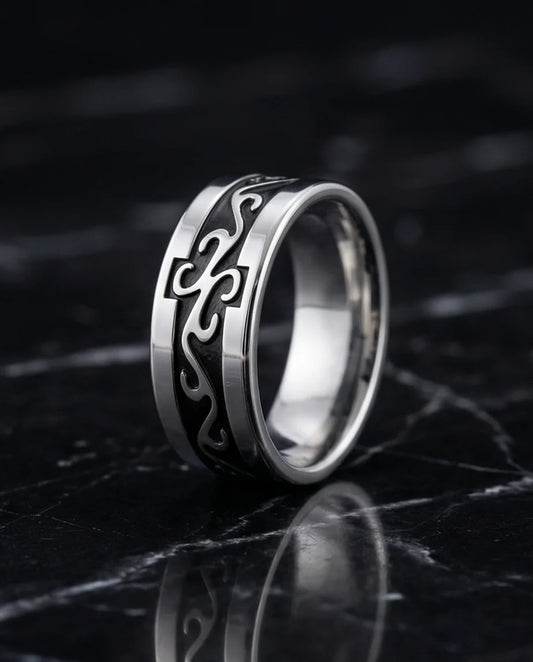 Shadow Flare: Tribal Flame Inlay Ring