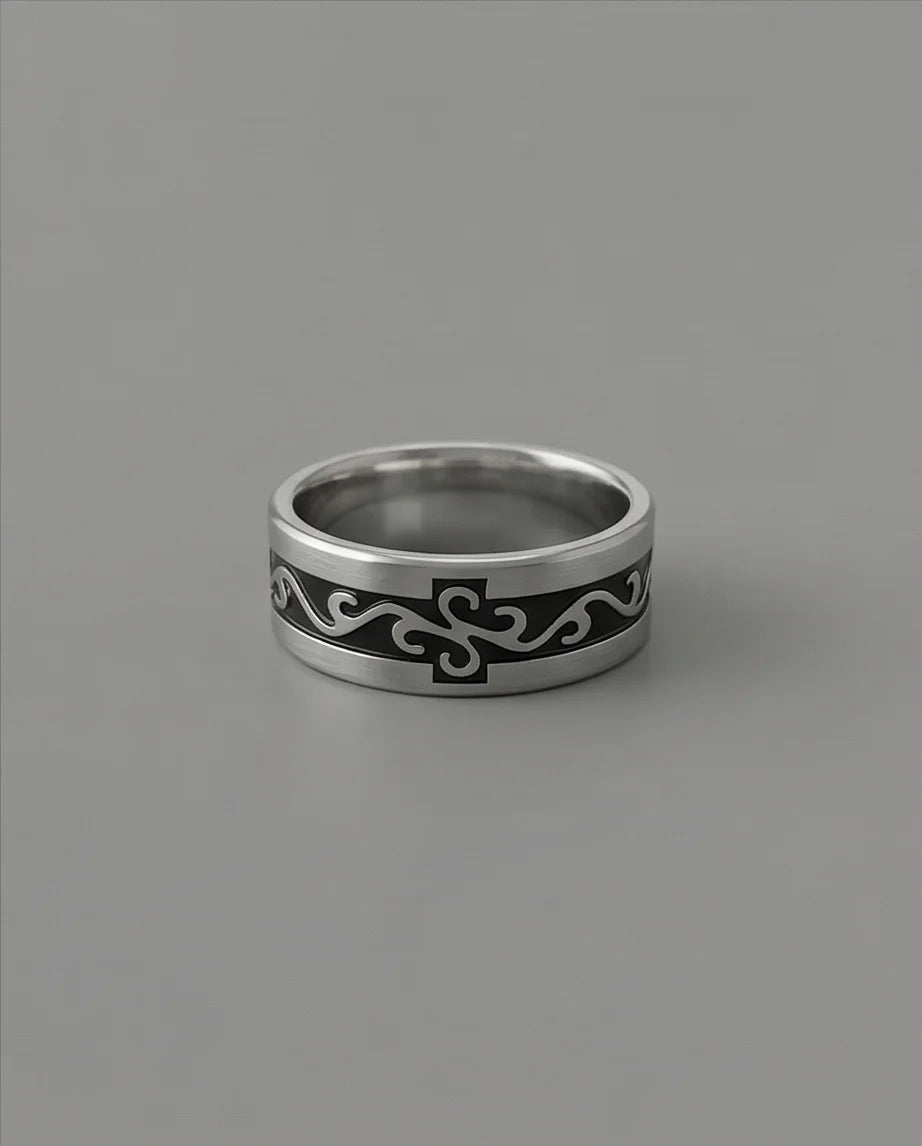 Shadow Flare: Tribal Flame Inlay Ring