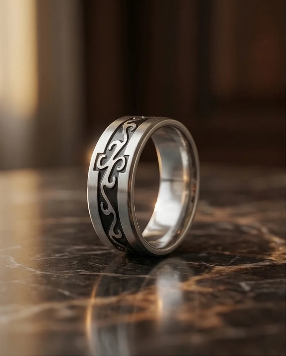 Shadow Flare: Tribal Flame Inlay Ring