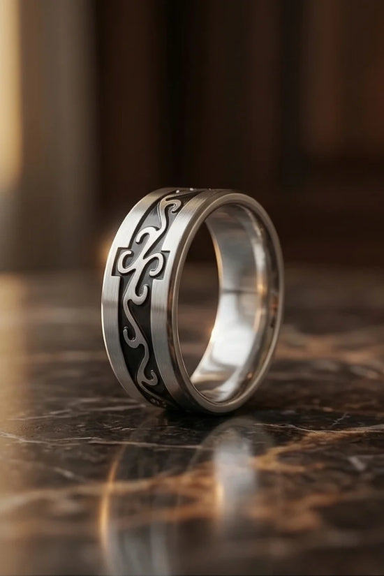 Shadow Flare: Tribal Flame Inlay Ring