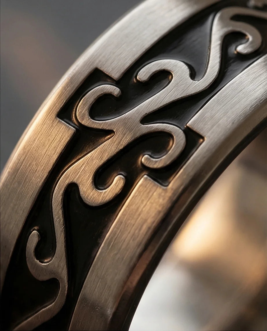 Shadow Flare: Tribal Flame Inlay Ring