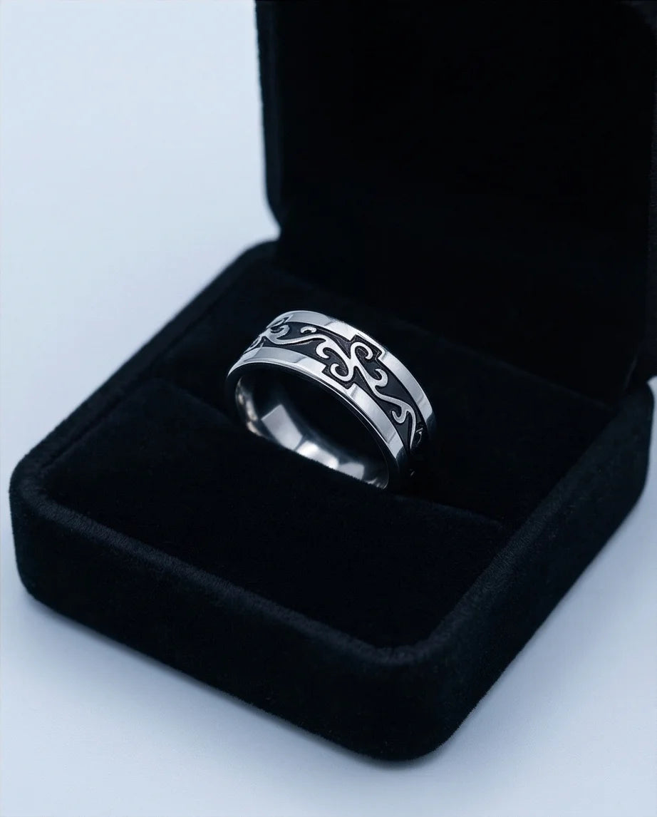 Shadow Flare: Tribal Flame Inlay Ring