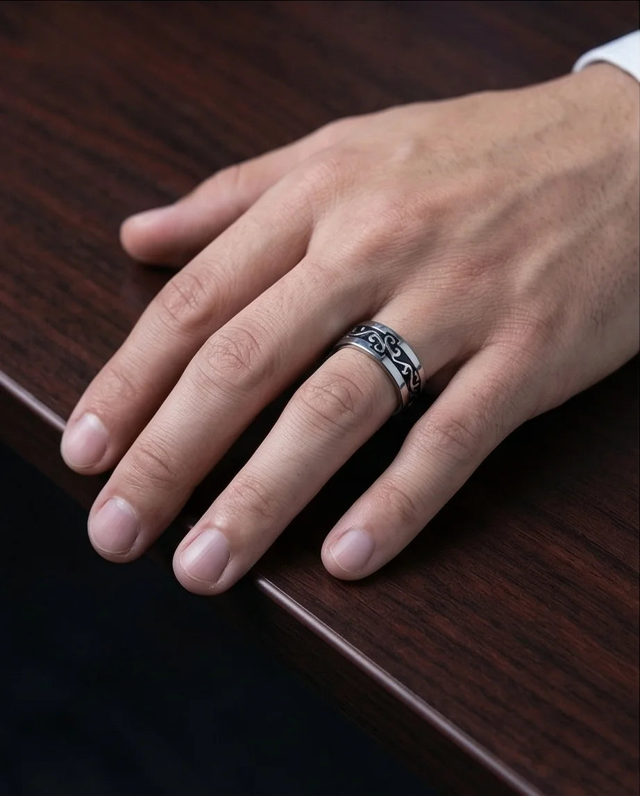 Shadow Flare: Tribal Flame Inlay Ring