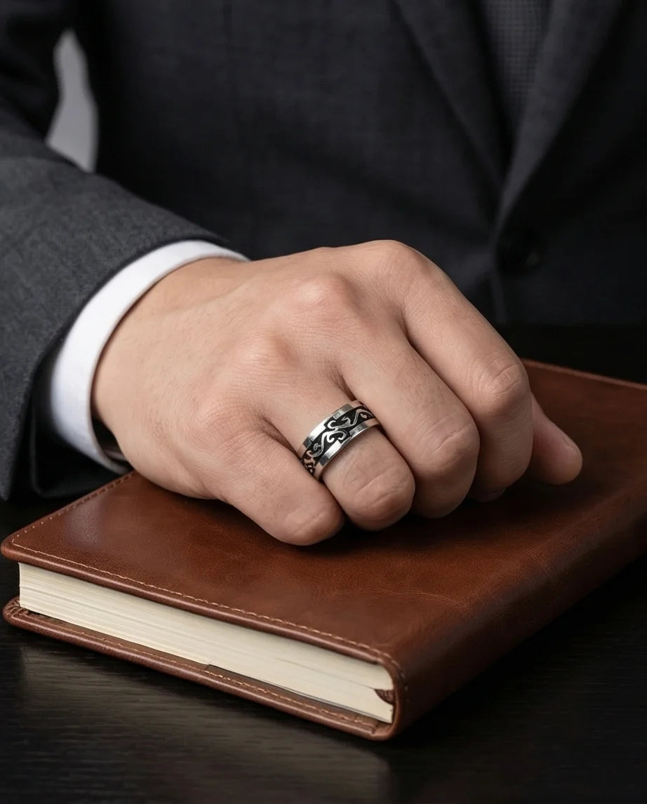 Shadow Flare: Tribal Flame Inlay Ring