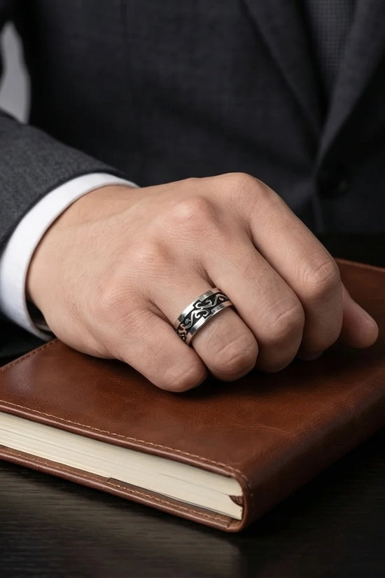 Shadow Flare: Tribal Flame Inlay Ring